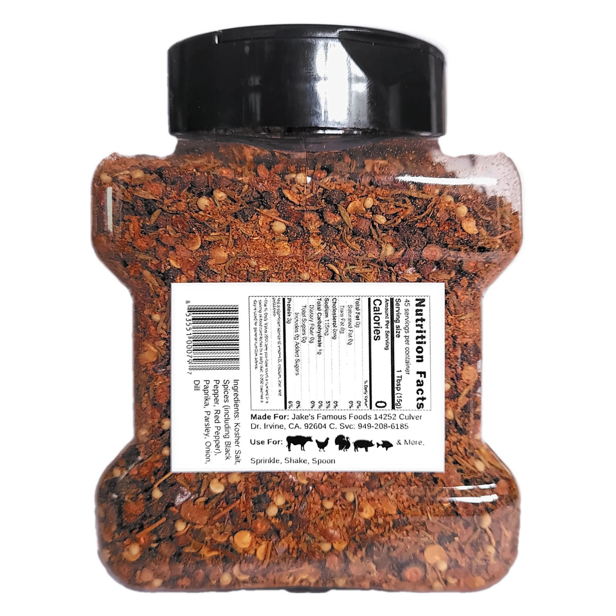 Jake's Famous Steak, Roast & Fire Seasoning 10 oz jar, back label with nutrition facts and ingredients