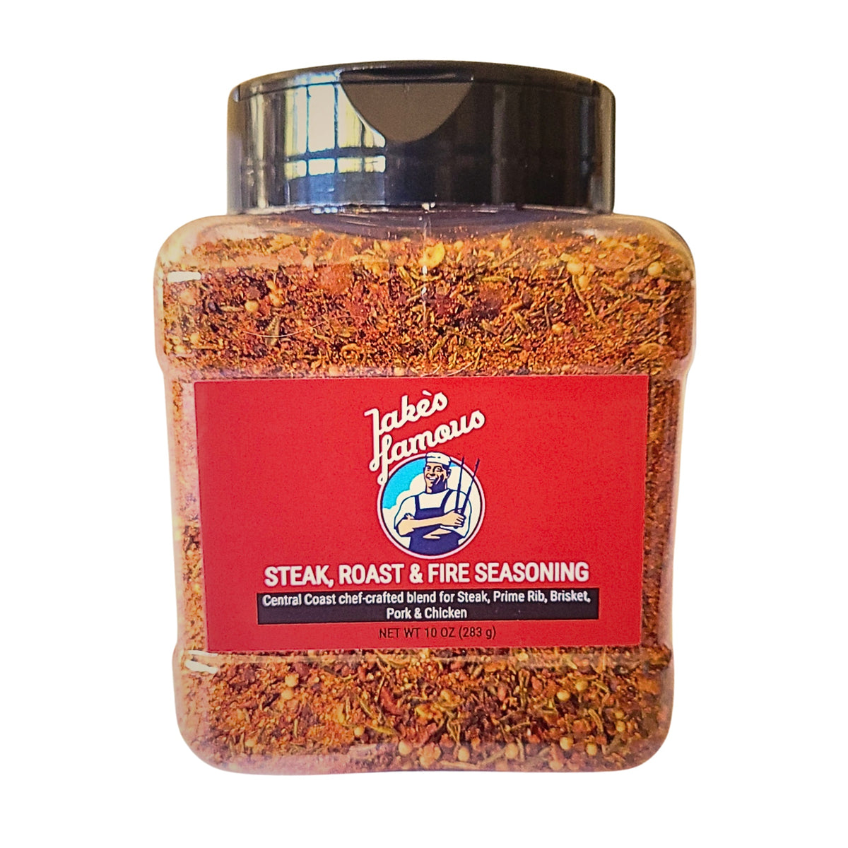 Jake's Famous Steak, Roast & Fire Seasoning 10 oz jar, front label