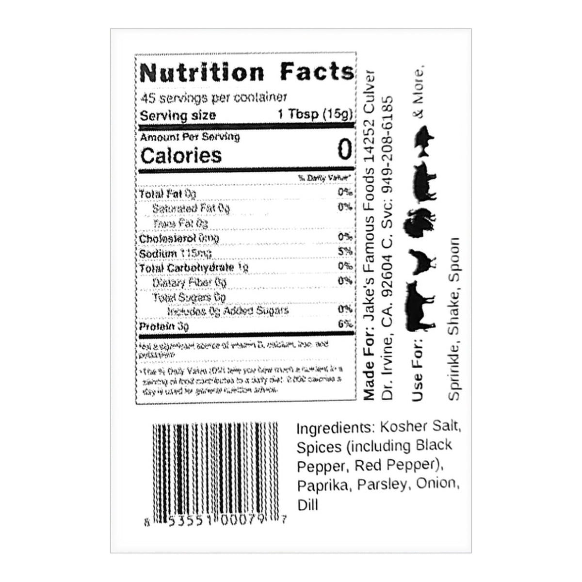 Steak, Roast & Fire Seasoning nutrition facts and ingredients: kosher salt, black pepper, red pepper, paprika, parsley, onion, dill